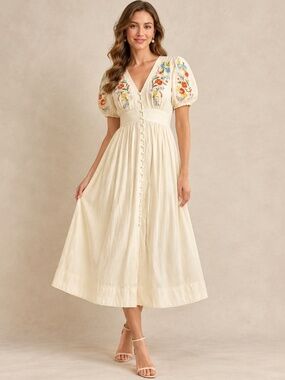 In Loom Midi Dress Womens L Cotton Embroidered Boho Cottagecore